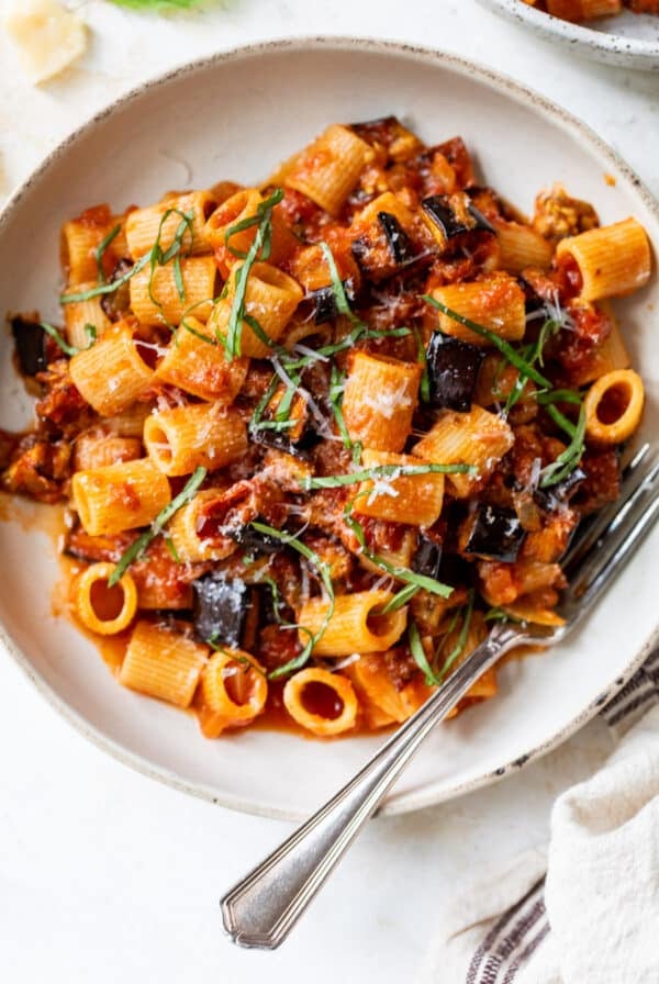 overhead view of a bowl of Eggplant Pasta.
