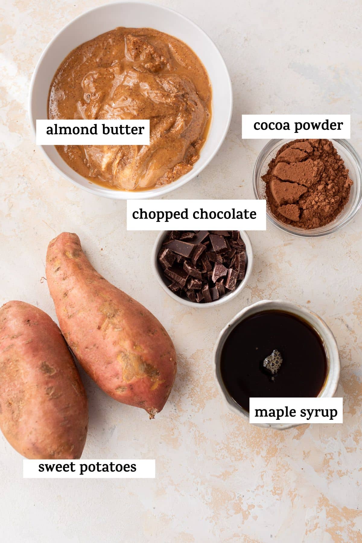 ingredients to make brownies like almond butter and cocoa powder