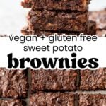 two images of brownies: one stacked and one flat on parchment paper