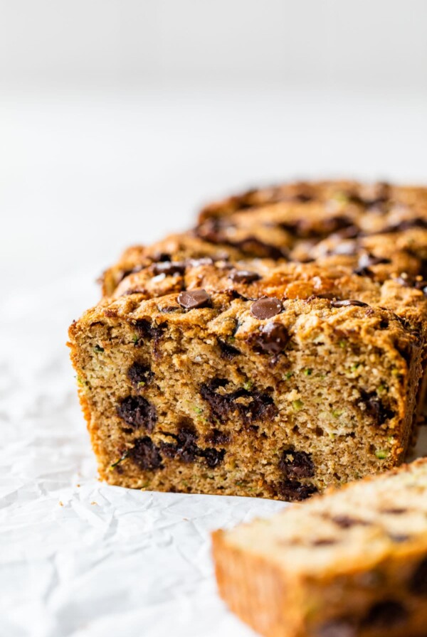 sliced chocolate chip bread on parchment paper