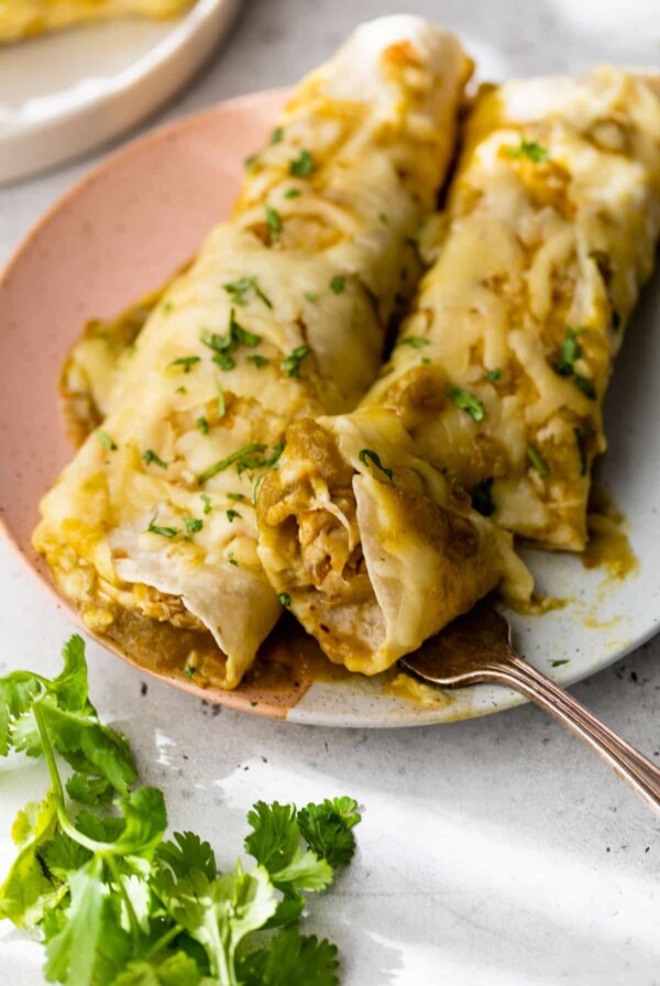 two green chicken enchiladas on a plate with a fork