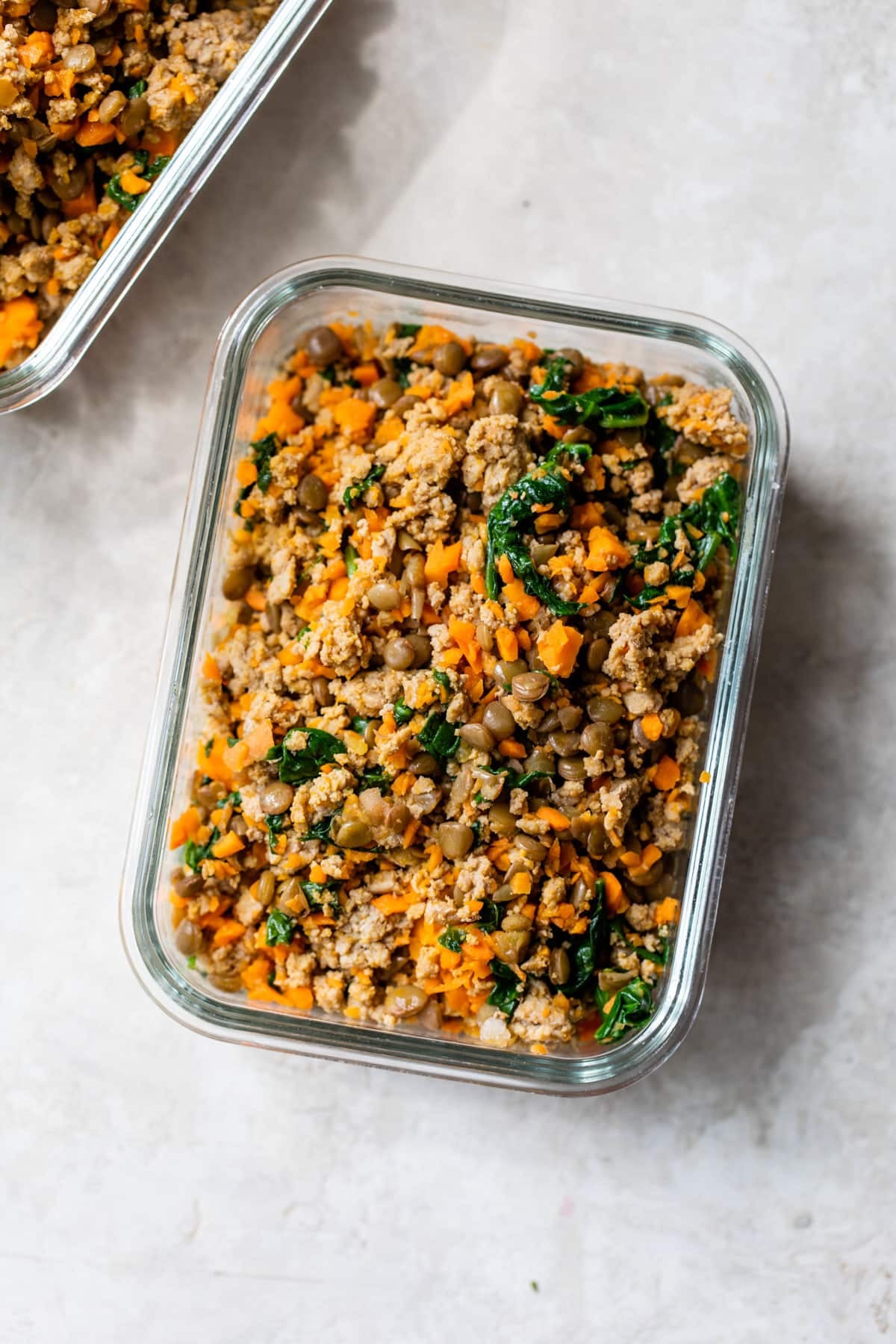 cooked homemade dog food in a glass meal prep container
