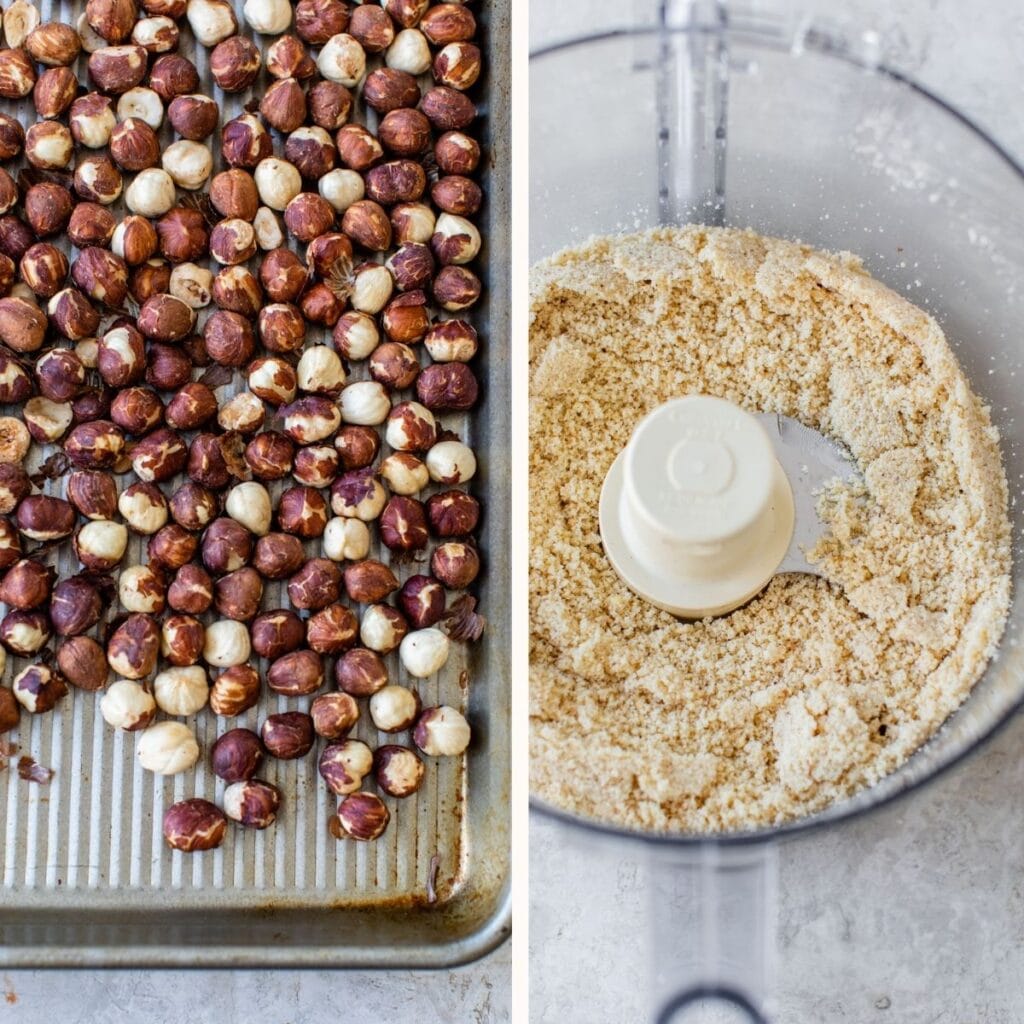 hazelnuts on a baking sheet on the left and blended hazelnuts in a food processor on the right