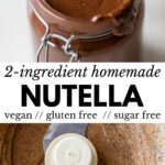 a jar of nutella and blended hazelnuts in a food processor with text overlay