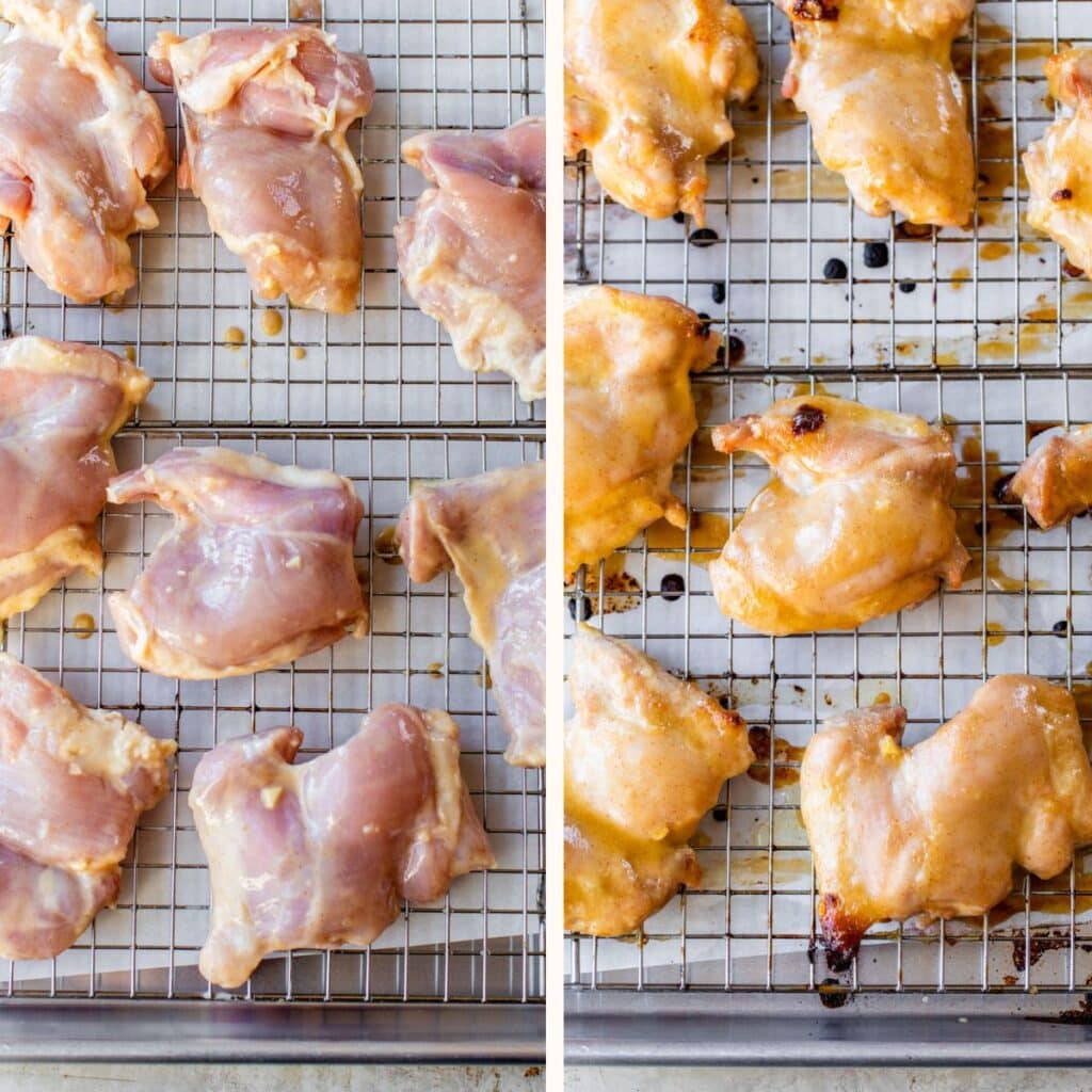 boneless chicken thighs on a wire rack on top of a baking sheet