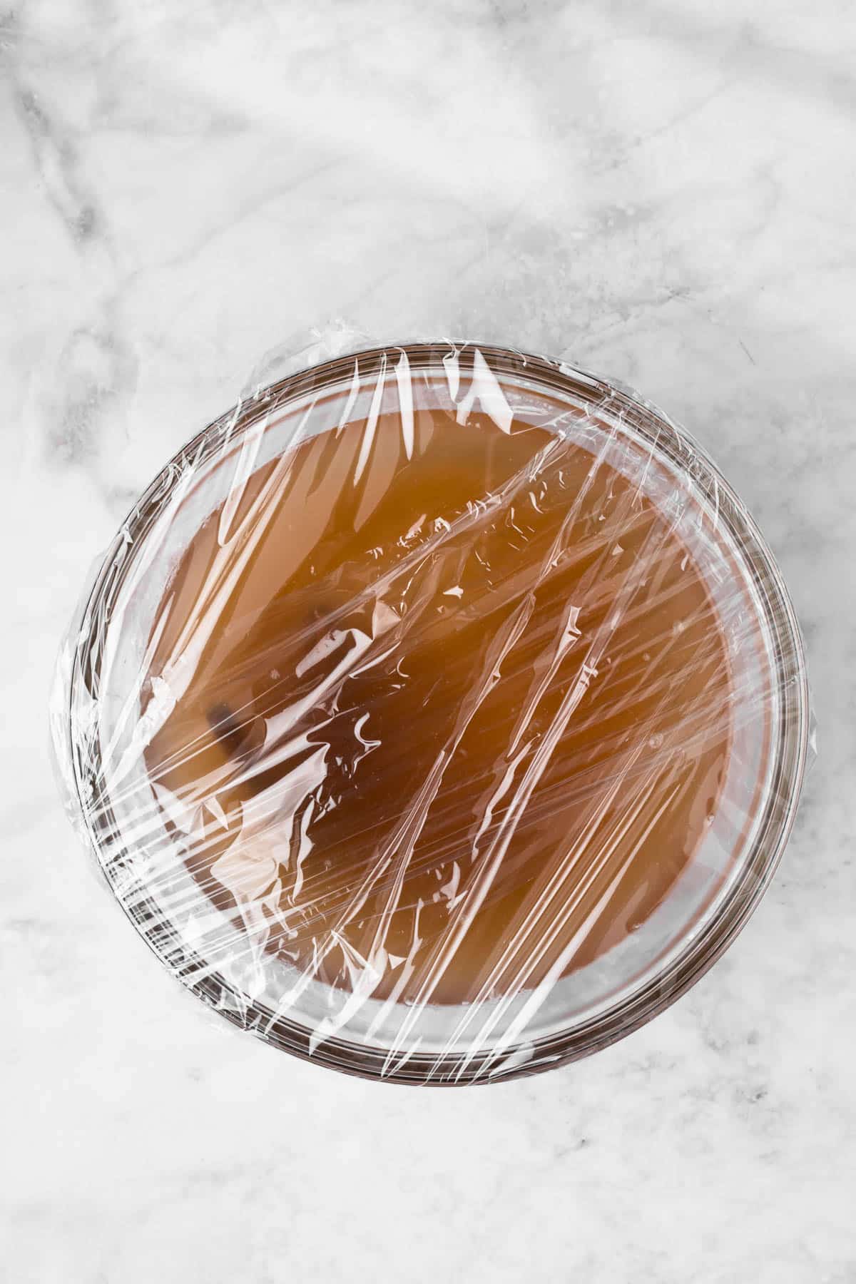 overhead view of a plastic-covered bowl filled with horchata ingredients.