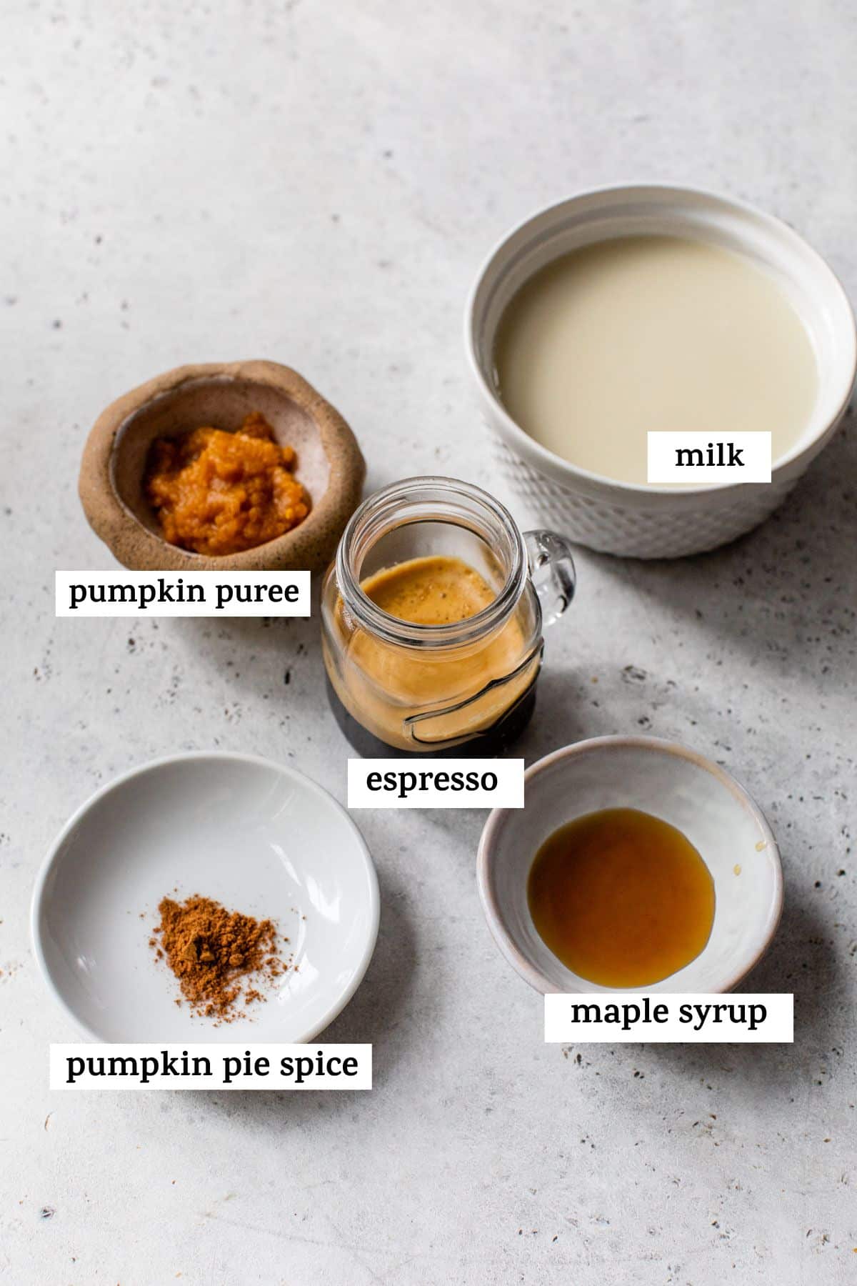 all ingredients listed out on a table; pumpkin puree, milk, espresso, pumpkin pie spice, and maple syrup
