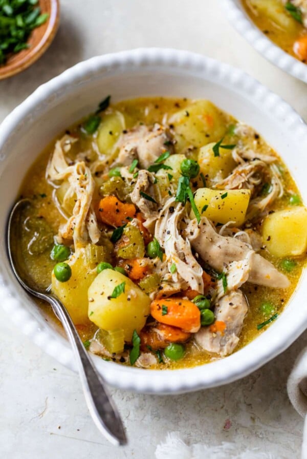 instant pot chicken stew in a bowl with a spoon