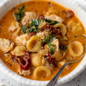 overhead view of a bowl of Marry Me Chicken Soup.
