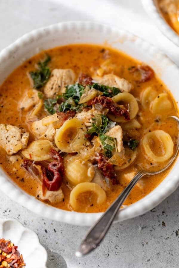 overhead view of a bowl of Marry Me Chicken Soup.