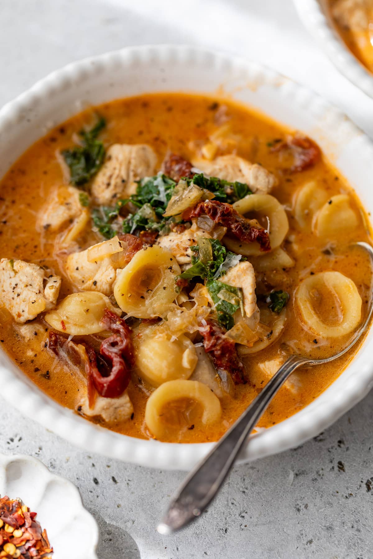 overhead view of a bowl of Marry Me Chicken Soup.