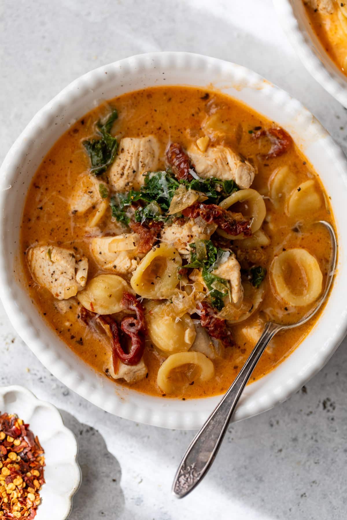 overhead view of a bowl of Marry Me Chicken Soup.