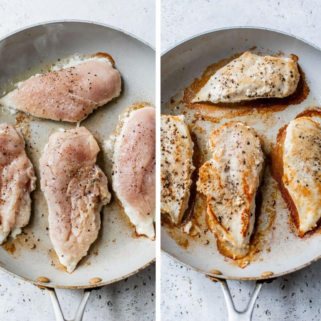2 images: raw chicken breasts in a skillet on the left and cooked chicken breasts in a skillet on the right
