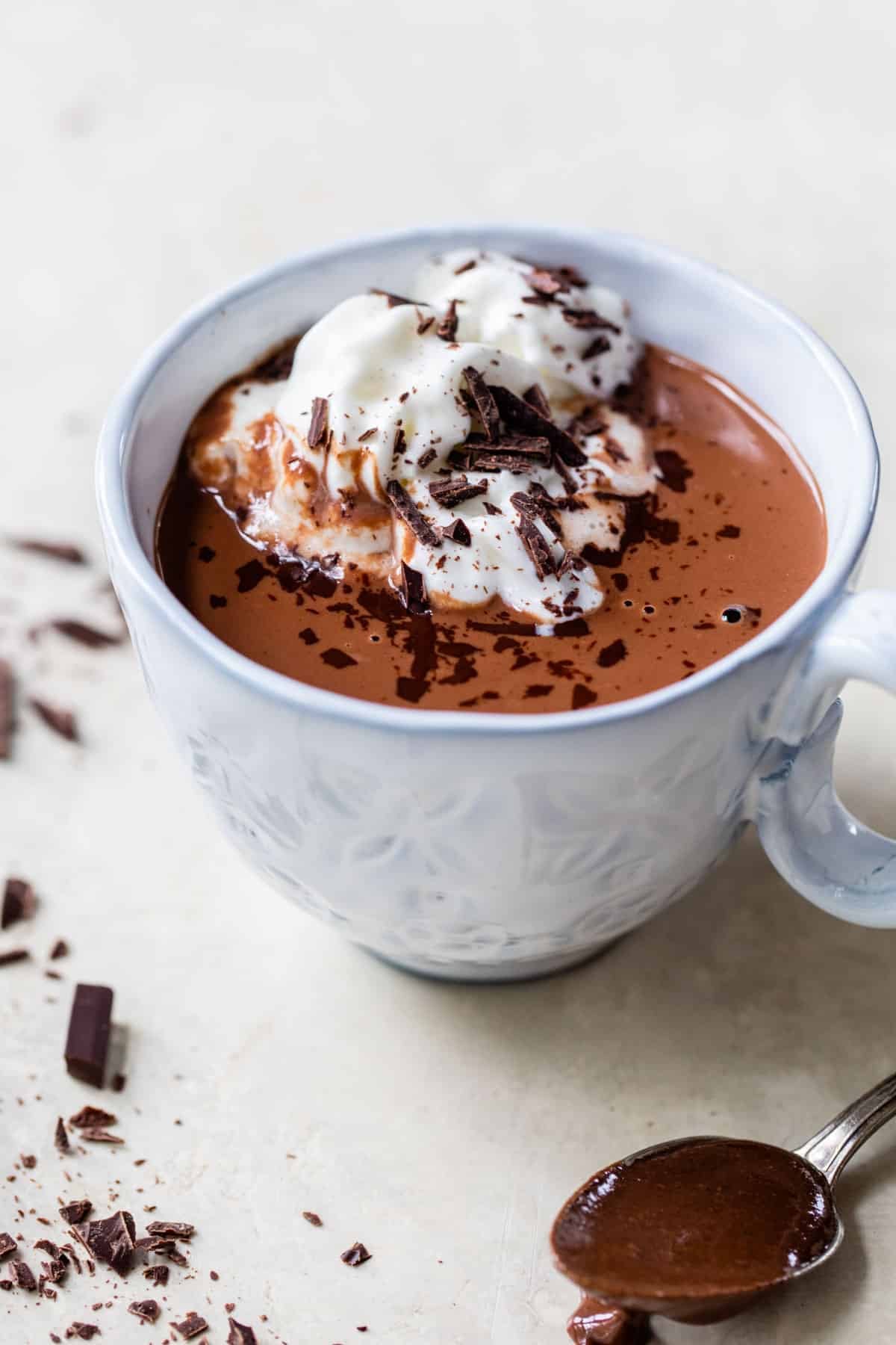 mug of hot chocolate with whipped cream and chopped chocolate