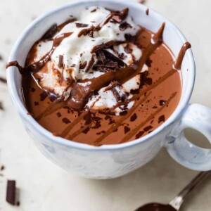 mug of hot chocolate with whipped cream and melted chocolate