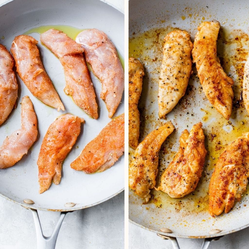 chicken tenders cooking in a skillet