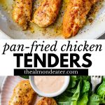 chicken tenders in a skillet and on a plate