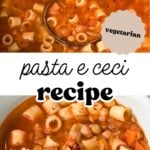 pinterest image with overlay text, "pasta e ceci recipe".