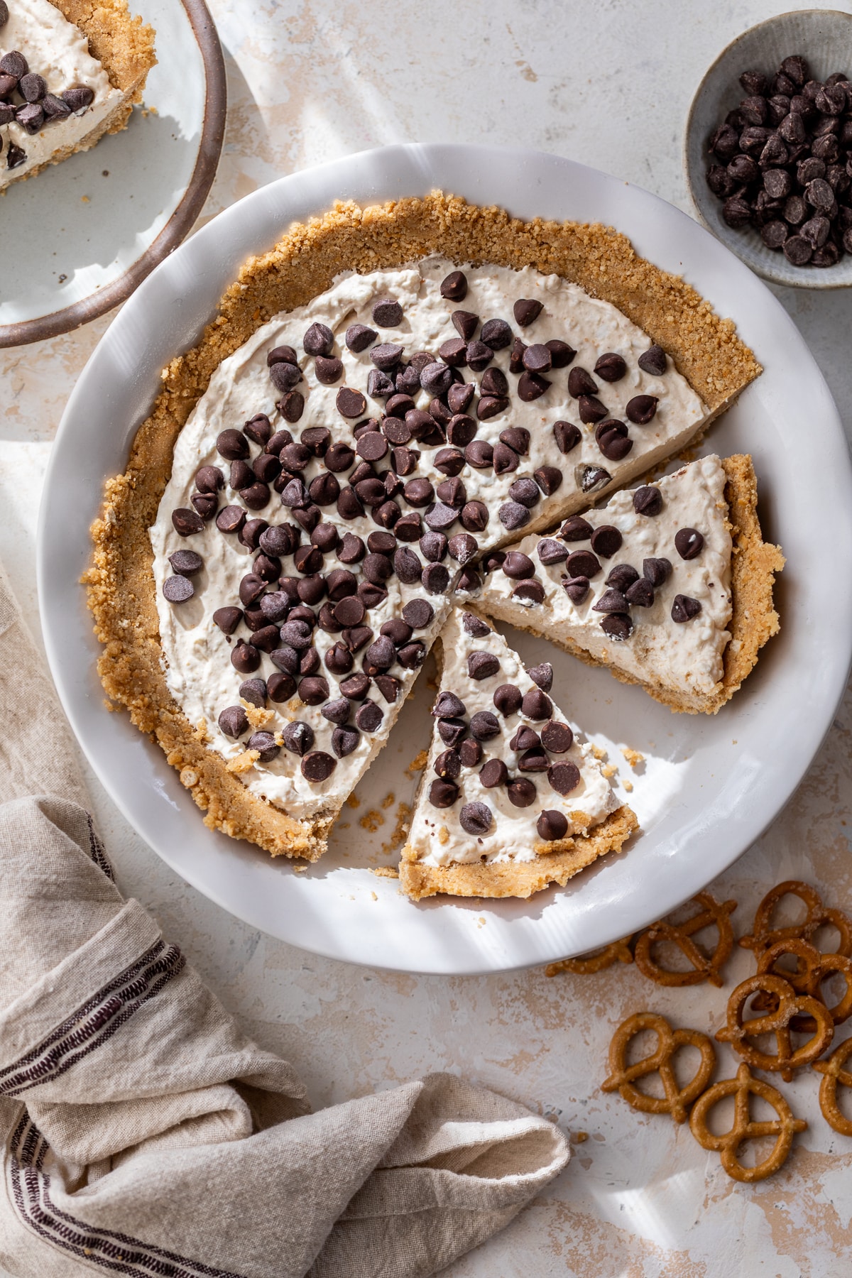 overview of peanut butter cottage cheese pie with pieces sliced
