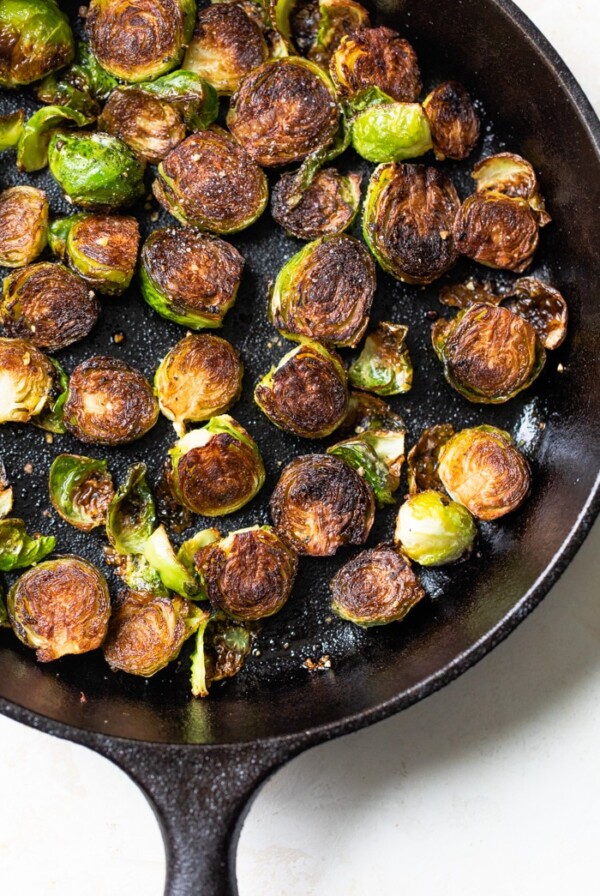 fried brussels sprouts in a skillet