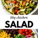 2 images: the top image shows BBQ chicken salad in a large bowl and the bottom image shows all salad ingredients sectioned off in a bowl