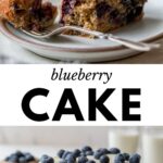 2 images: the top image shows a side view of a slice of blueberry cake on a plate with a fork and with a bite taken out and the bottom image shows a side view of blueberry cake topped with fresh blueberries