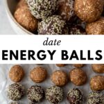 2 images: the top image shows date energy balls in a bowl and the bottom image shows date energy balls on parchment paper