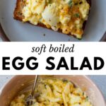 2 images: the top image shows soft boiled egg salad on top of toast and the bottom image shows all ingredients mashed with a fork in a bowl