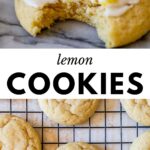 2 images: the top image shows a lemon cookie with a bite taken out and the bottom image shows lemon cookies on a wire rack