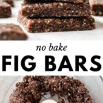 2 images: the top image shows a side view of no bake fig bars and the bottom image shows figs and nuts blended together in a food processor