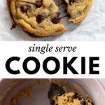 2 images: the top image shows a cookie split in half on parchment paper and the bottom image shows cookie dough with chocolate chips in a bowl