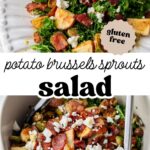 pinterest image with overlay text, "potato brussels sprouts salad".