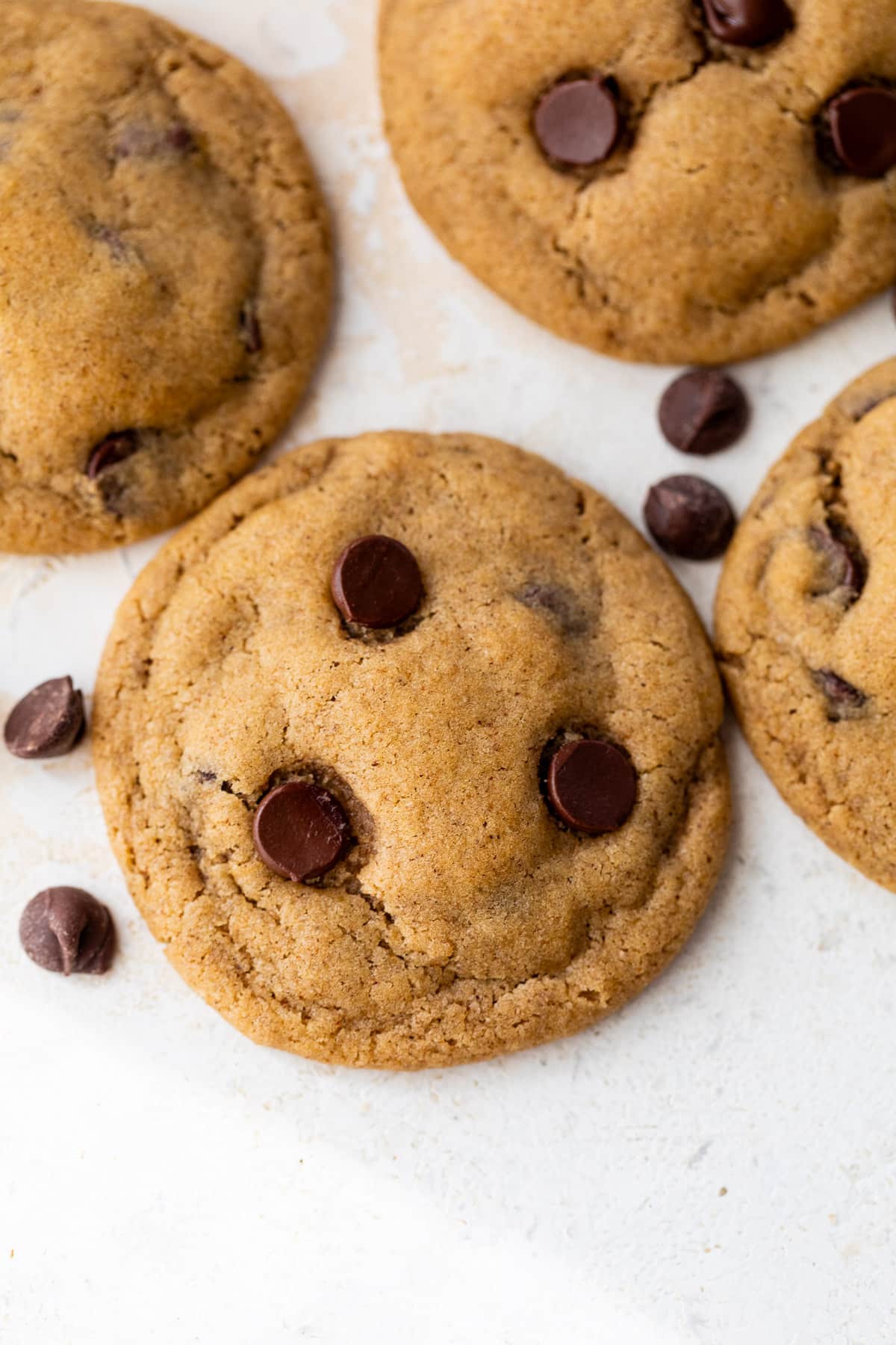 close up overhead view of baked pumpkin chocolate chip cookies.