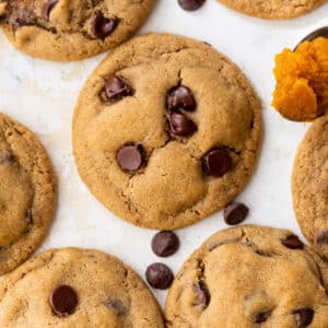 overhead view of baked pumpkin chocolate chip cookies.