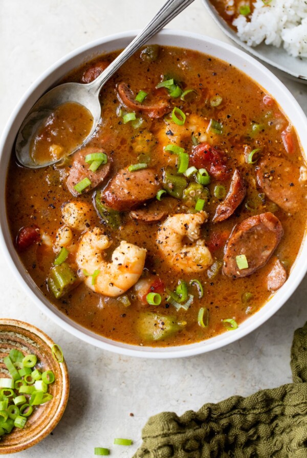 a bowl of gumbo with shrimp and sausage beside a small bowl of green onions
