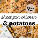 Pinterest image with overlay text, "sheet pan chicken and potatoes".