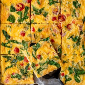 overview of sheet pan eggs sliced into squares