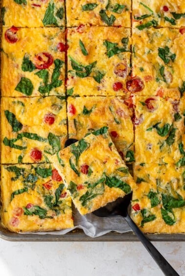 overview of sheet pan eggs sliced into squares