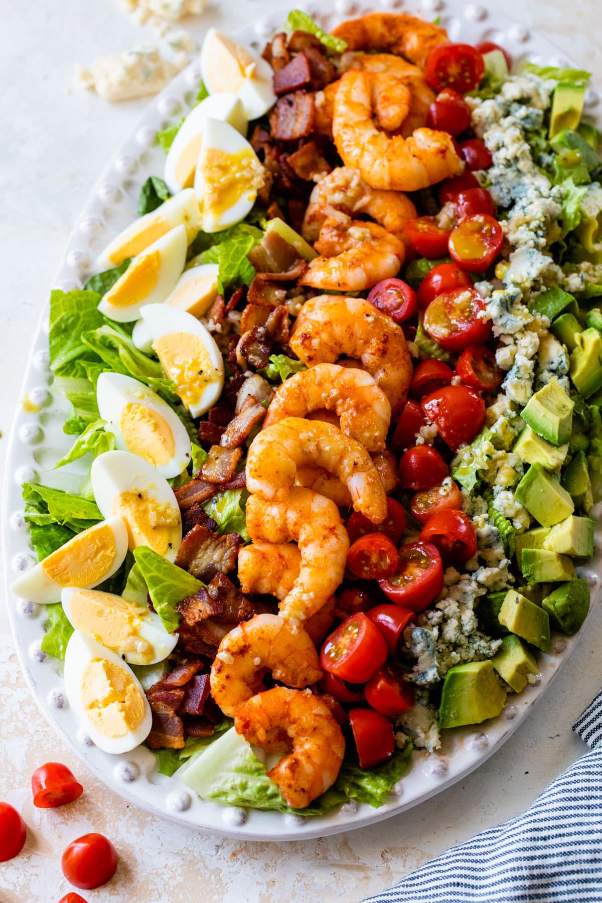 shrimp cobb salad on a serving platter