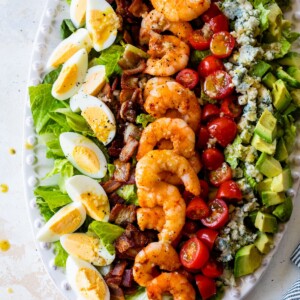 shrimp cobb salad on a serving platter