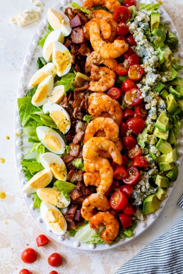 shrimp cobb salad on a serving platter