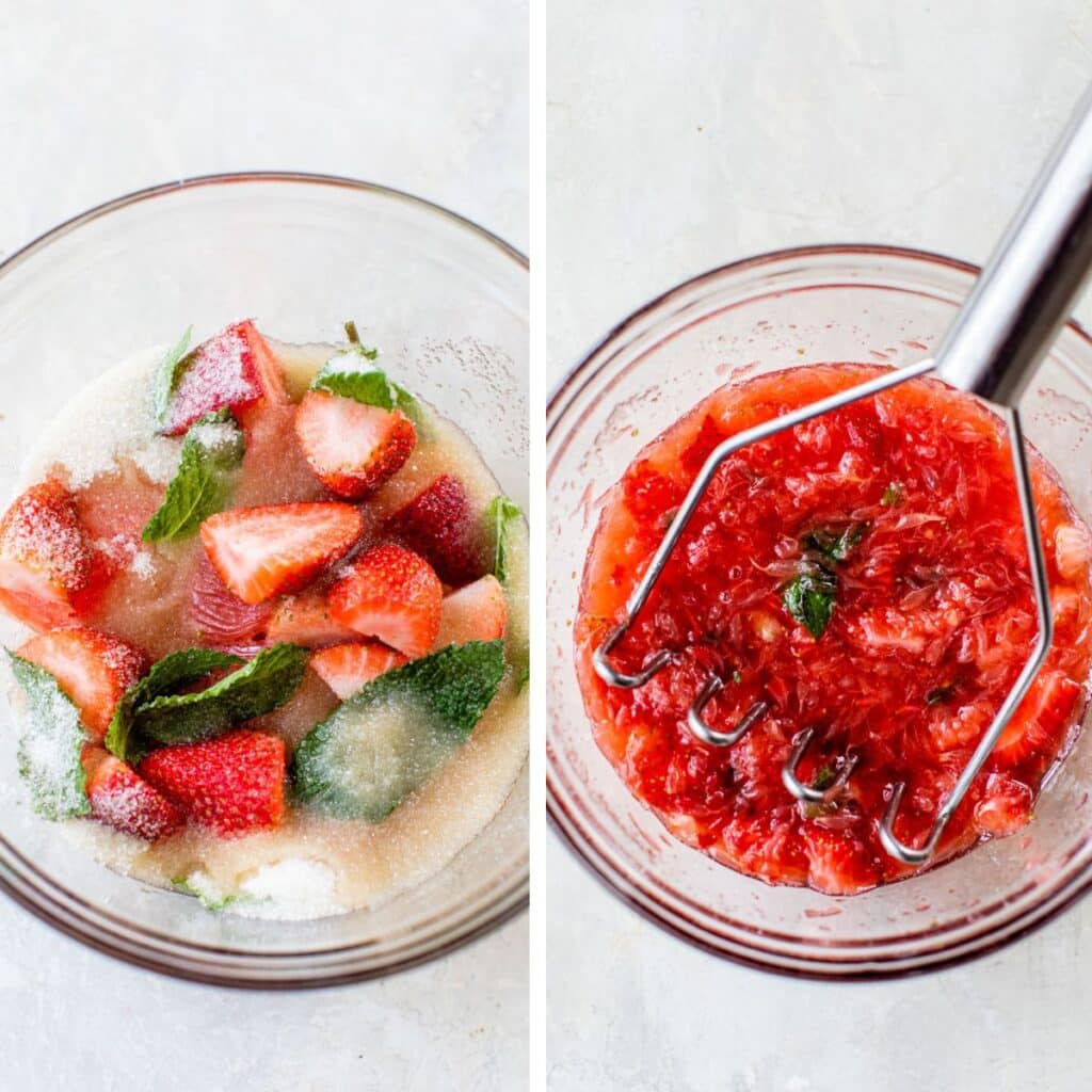 2 images: strawberries, mint leaves and sugar in a bowl on the left and mashed together with a potato masher on the right