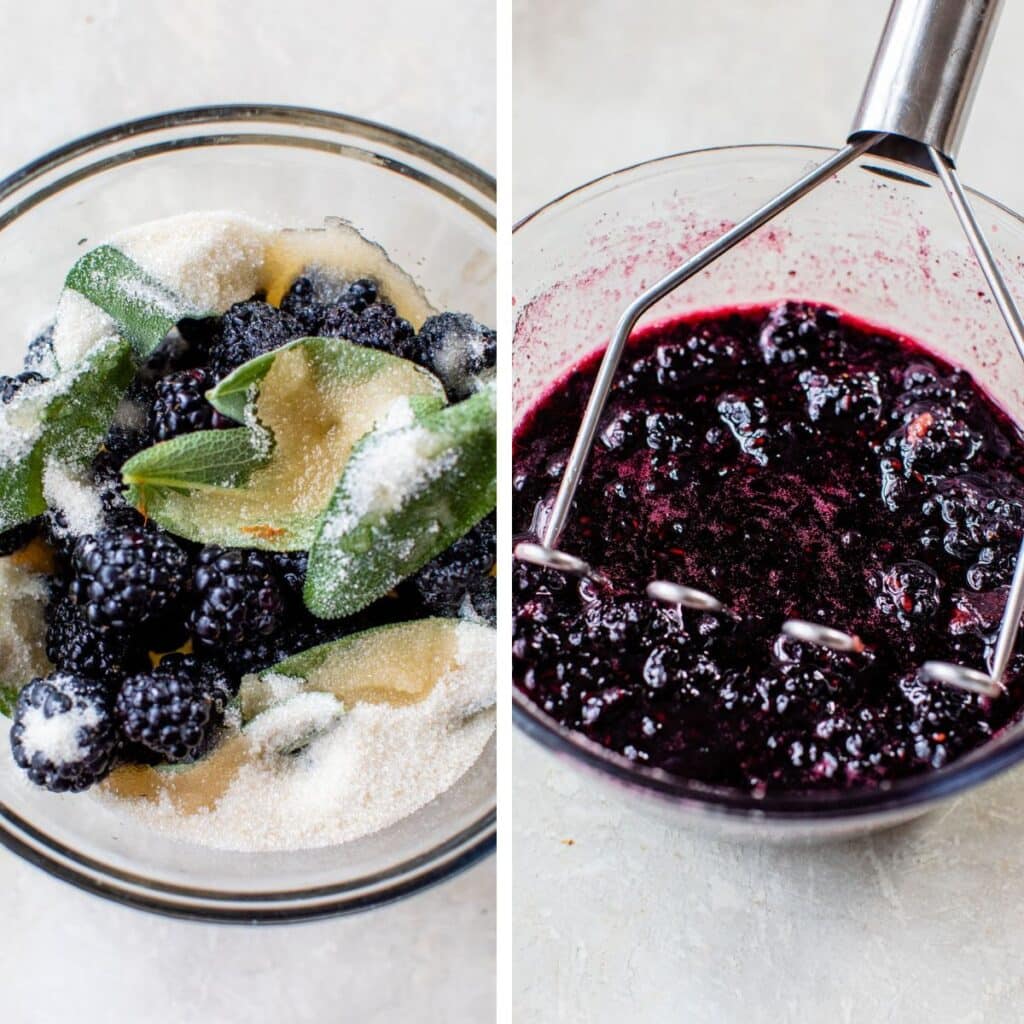 2 images: blackberries, sage leaves and sugar in a bowl on the left and mashed together with a potato masher on the right