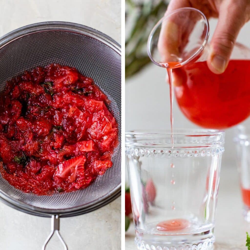 2 images: fruit in a fine mesh strainer on the left and fruit syrup being poured into a glass on the right