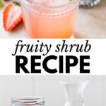2 images: a glass with ice and light pink colored drink on top and purple syrup and pink syrup in a jar on bottom