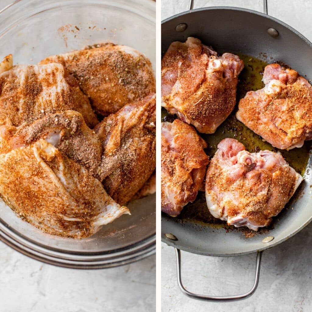 raw chicken in a glass bowl with dry rub on the left and chicken pan-seared in oil on the right