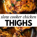 chicken thighs in a slow cooker with text overlay
