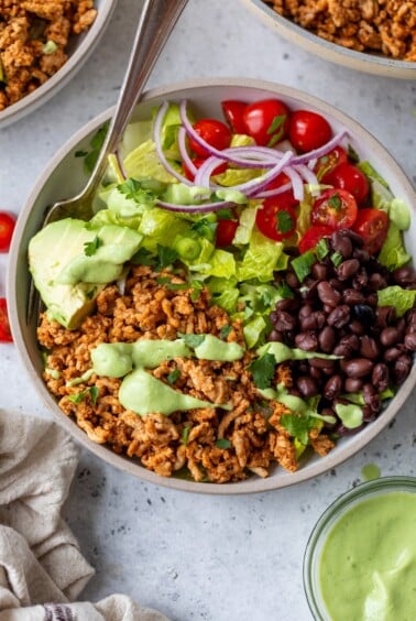 southwest chicken bowl with a fork