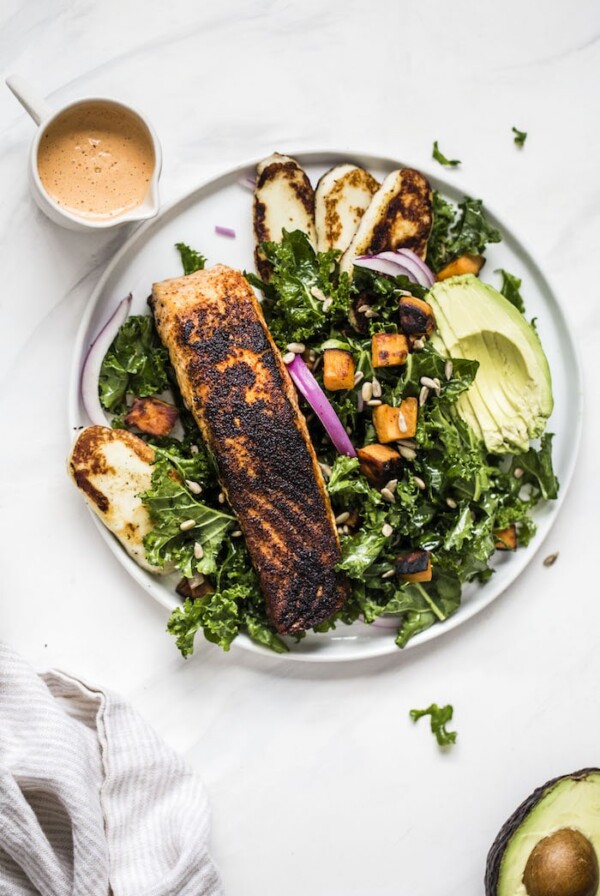 Spicy Chipotle Salmon Kale Salad | thealmondeater.com