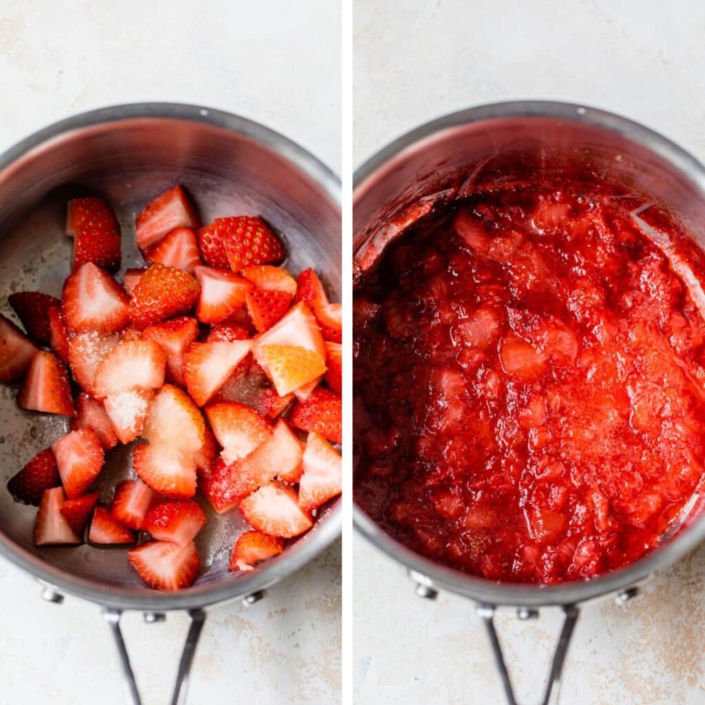 2 images: chopped fresh strawberries in a saucepan on the left and blended down on the right